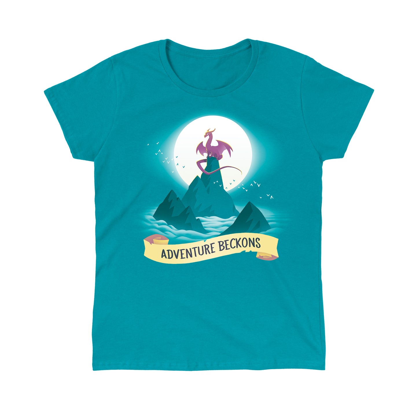 Classic Cotton T-shirt_Teeturtle Adventure Beckons Tropical Blue t-shirt Featuring a dragon perched on a mountain peak set above the clouds with the sun behind it and the words 'Adventure Beckons' beneath.