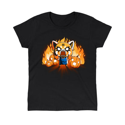Classic Cotton T-shirt_TeeTurtle black Aggretsuko's Happy Halloween apparel featuring an enraged Aggretsuko with her paws in a Rumic sign pose with angry jack-o-lanterns and flames in the background.