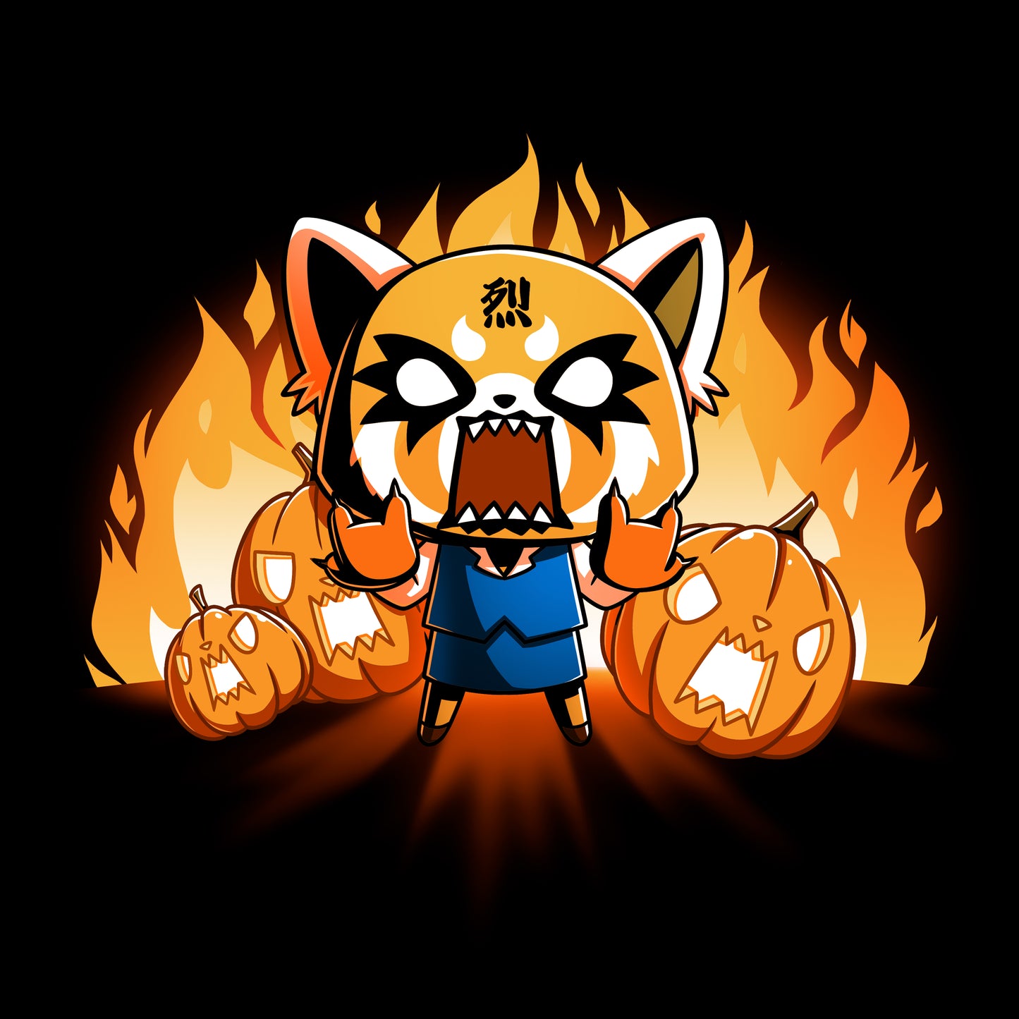 Long Sleeve T-shirt_TeeTurtle black Aggretsuko's Happy Halloween apparel featuring an enraged Aggretsuko with her paws in a Rumic sign pose with angry jack-o-lanterns and flames in the background.