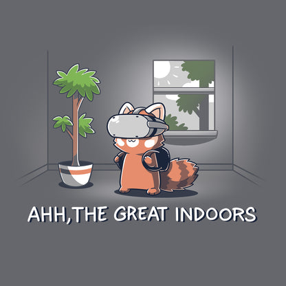 Classic Cotton T-shirt_TeeTurtle Ahh, The Great Indoors Charcoal Gray t-shirt featuring A cartoon fox wearing a VR headset stands indoors beside a potted plant and a window. The text below reads, "AHH, THE GREAT INDOORS". 