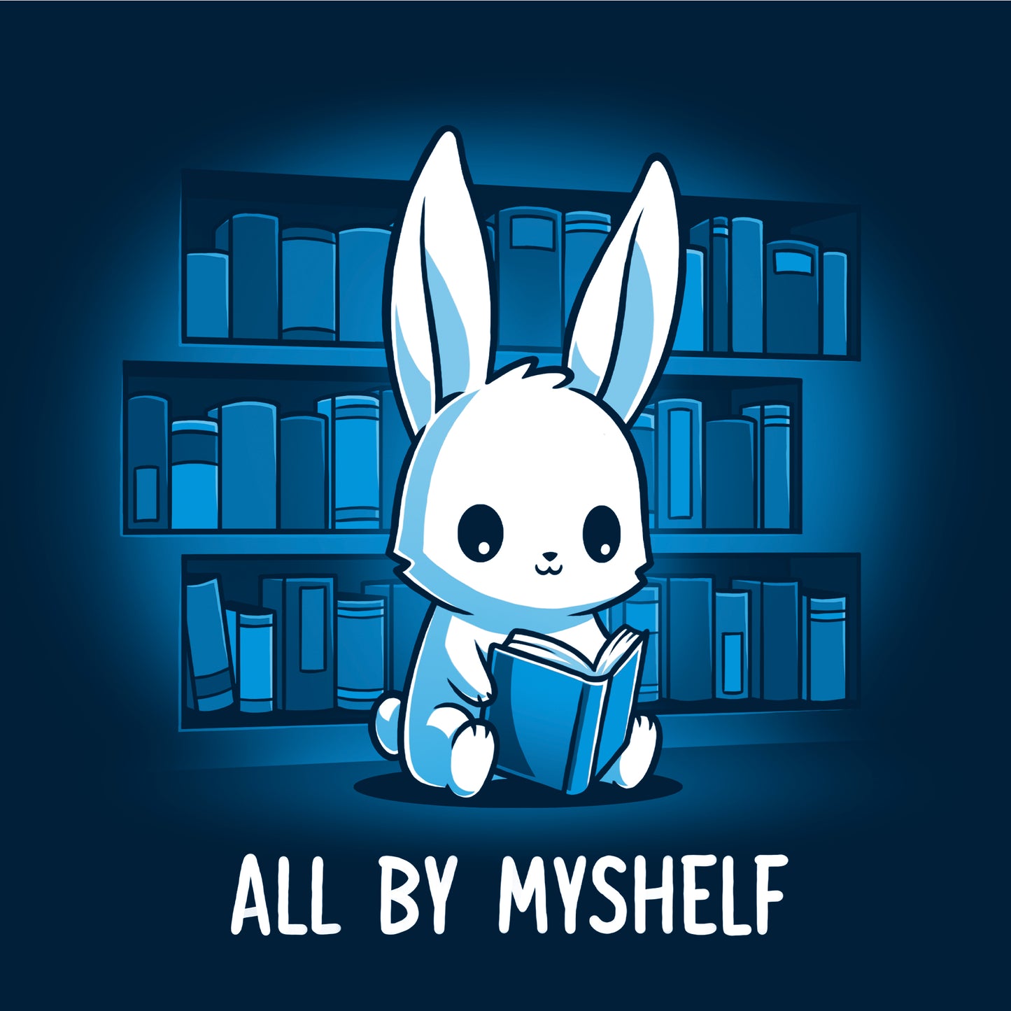 Crew Neck Sweatshirt_TeeTurtle All By MyShelf navy blue t-shirt featuring a cute white rabbit sitting in front of bookshelves, reading a book, with the text "All By MyShelf" written below.