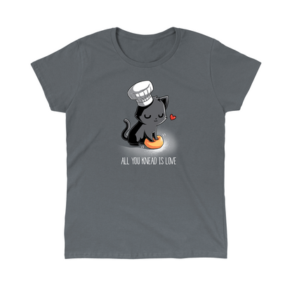 Classic Cotton T-shirt_A cartoon black cat wearing a chef's hat kneads a dough ball, with a red heart above its head, on this unisex tee. Caption reads: "All You Knead Is Love". Made of super soft ringspun cotton, this charcoal gray apparel called "All You Knead Is Love" by monsterdigital is perfect for cat lovers and baking enthusiasts alike.