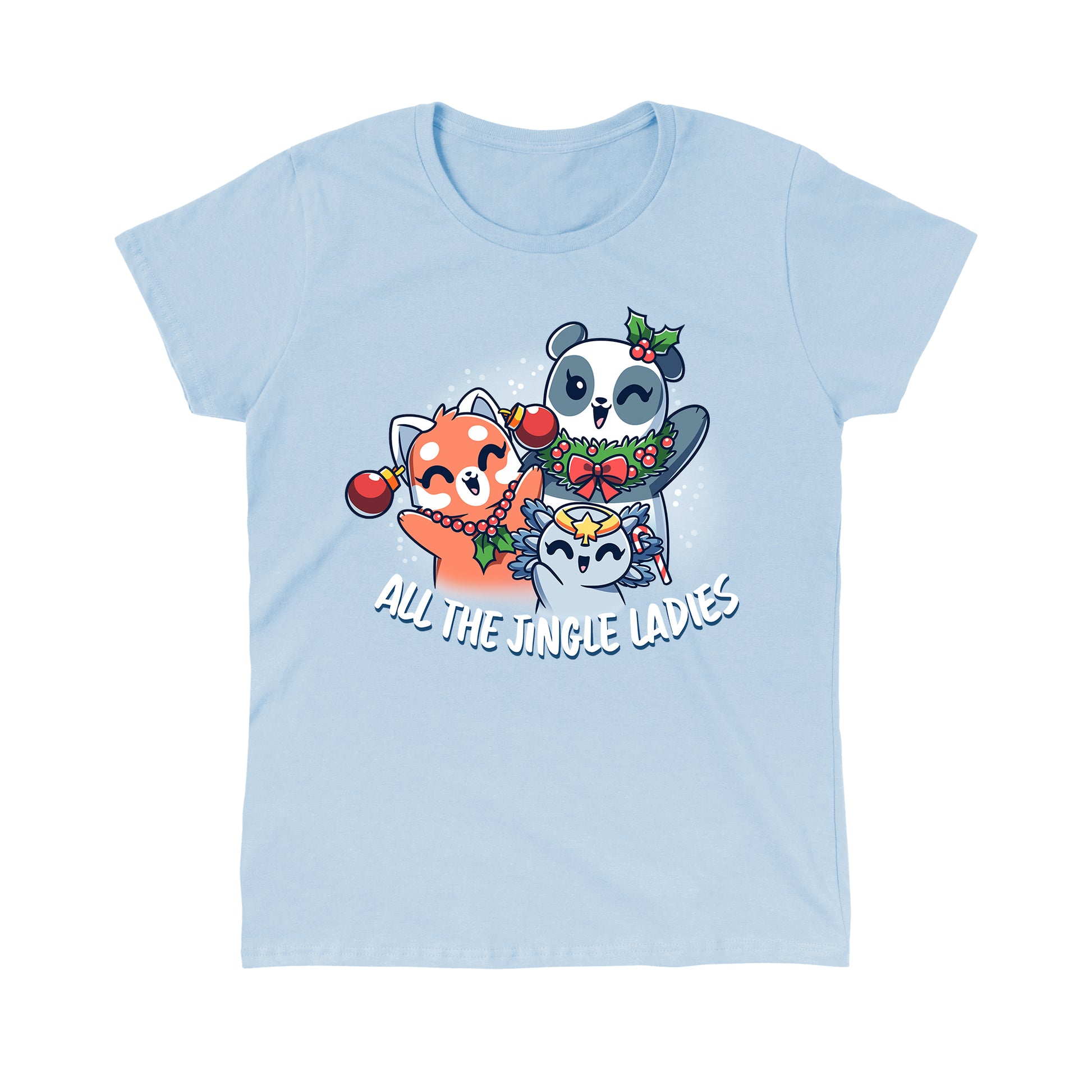 Classic Cotton T-shirt_TeeTurtle light blue All the Jingle Ladies apparel featuring a panda, red panda, and an axolotl wearing Christmas ornaments like jewelry.