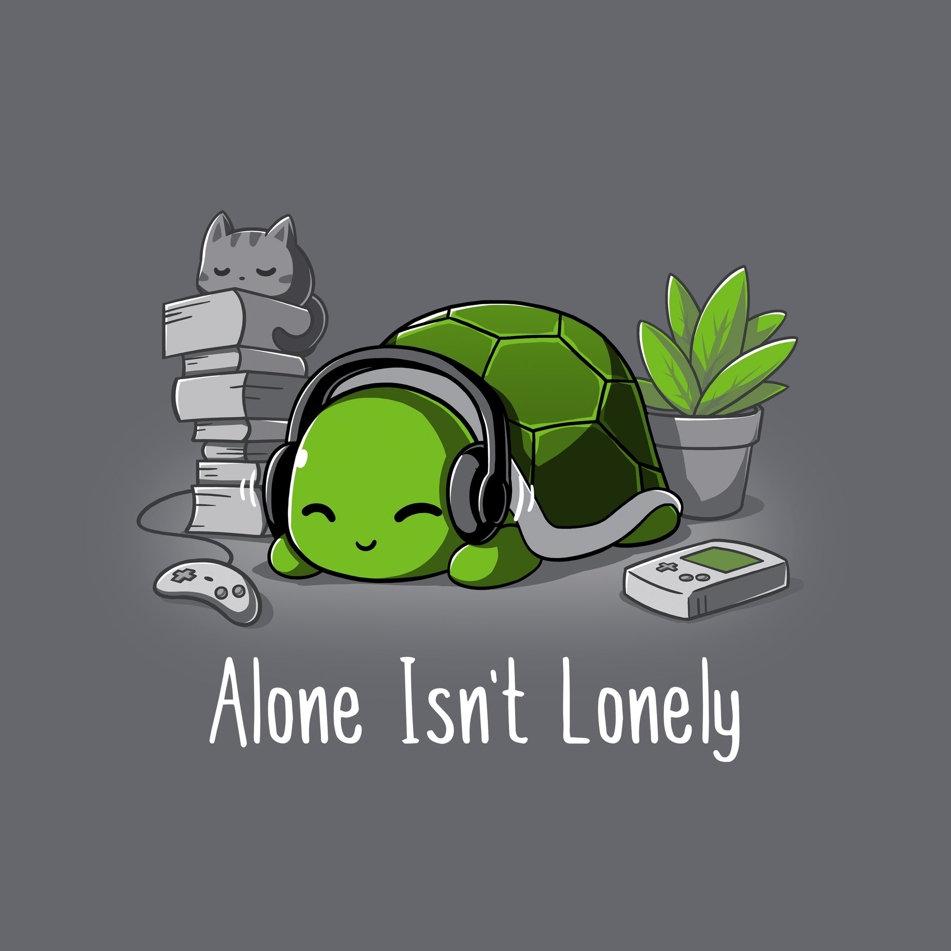 Classic Cotton T-shirt_TeeTurtle Alone Isn't Lonely charcoal gray t-shirt featuring a comfy-looking turtle with headphones laying by a plant, books, a cat, and video game items.