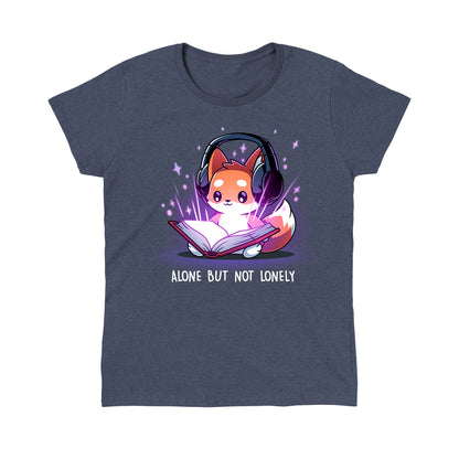 Classic Cotton T-shirt_TeeTurtle heather navy Alone But Not Lonely featuring an introverted fox sitting down with a book and headphones.