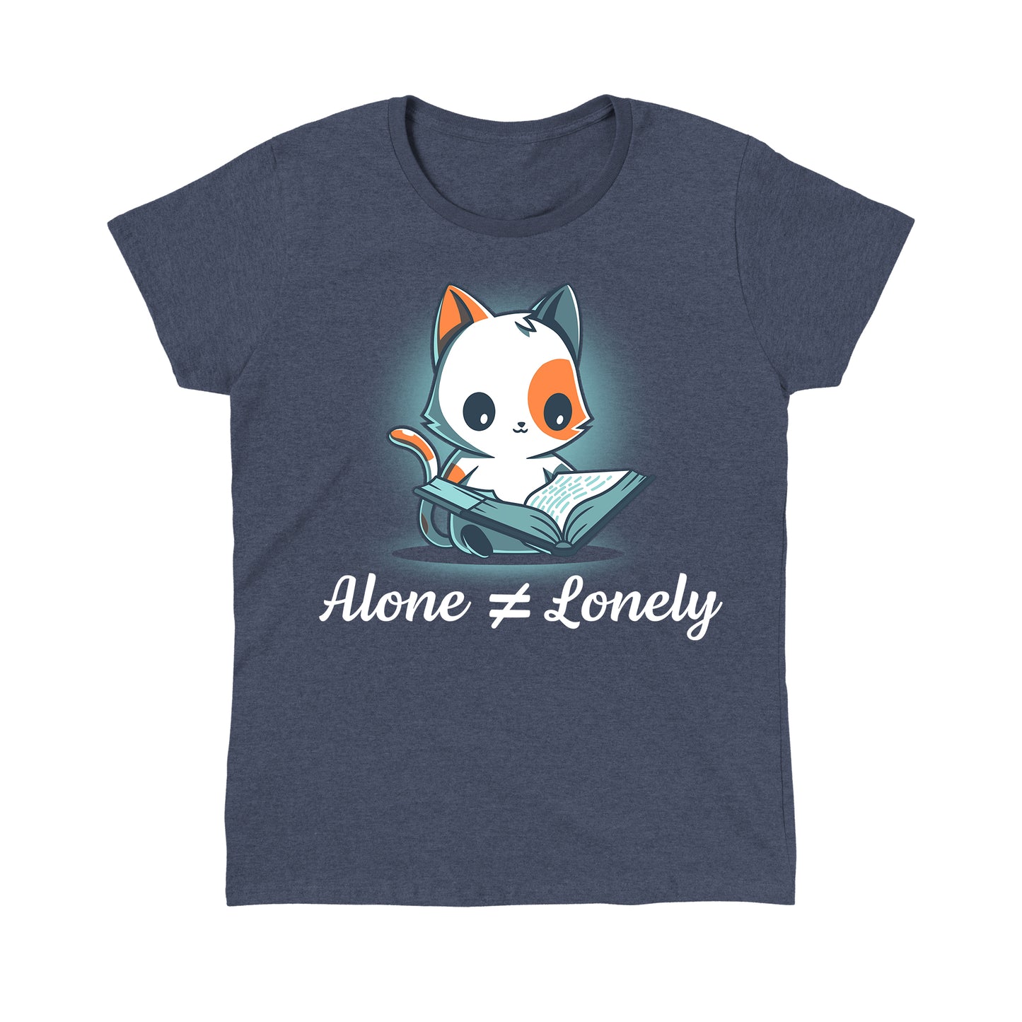 Classic Cotton T-shirt_TeeTurtle Alone Not Lonely heather navy t-shirt featuring cheerful cat reading a book.