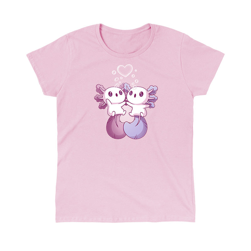 Classic Cotton T-shirt_TeeTurtle Alotl Love t-shirt featuring one pink and one blue axolotl holding hands underneath a heart-shaped bubble.