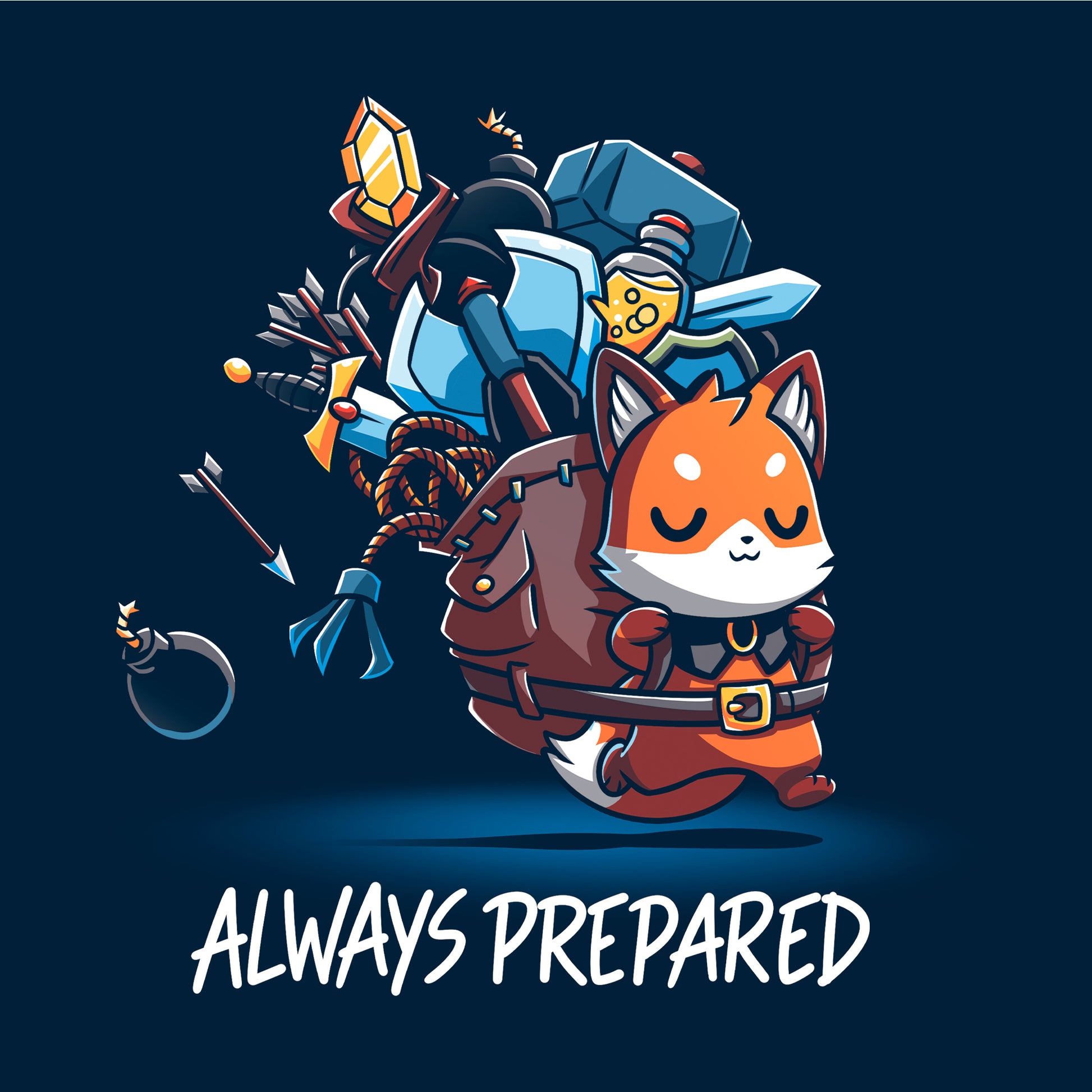 Pullover Hoodie_TeeTurtle Always Prepared navy blue t-shirt featuring a fantasy cartoon fox dressed as an adventurer carrying an oversized backpack filled with weapons and tools.