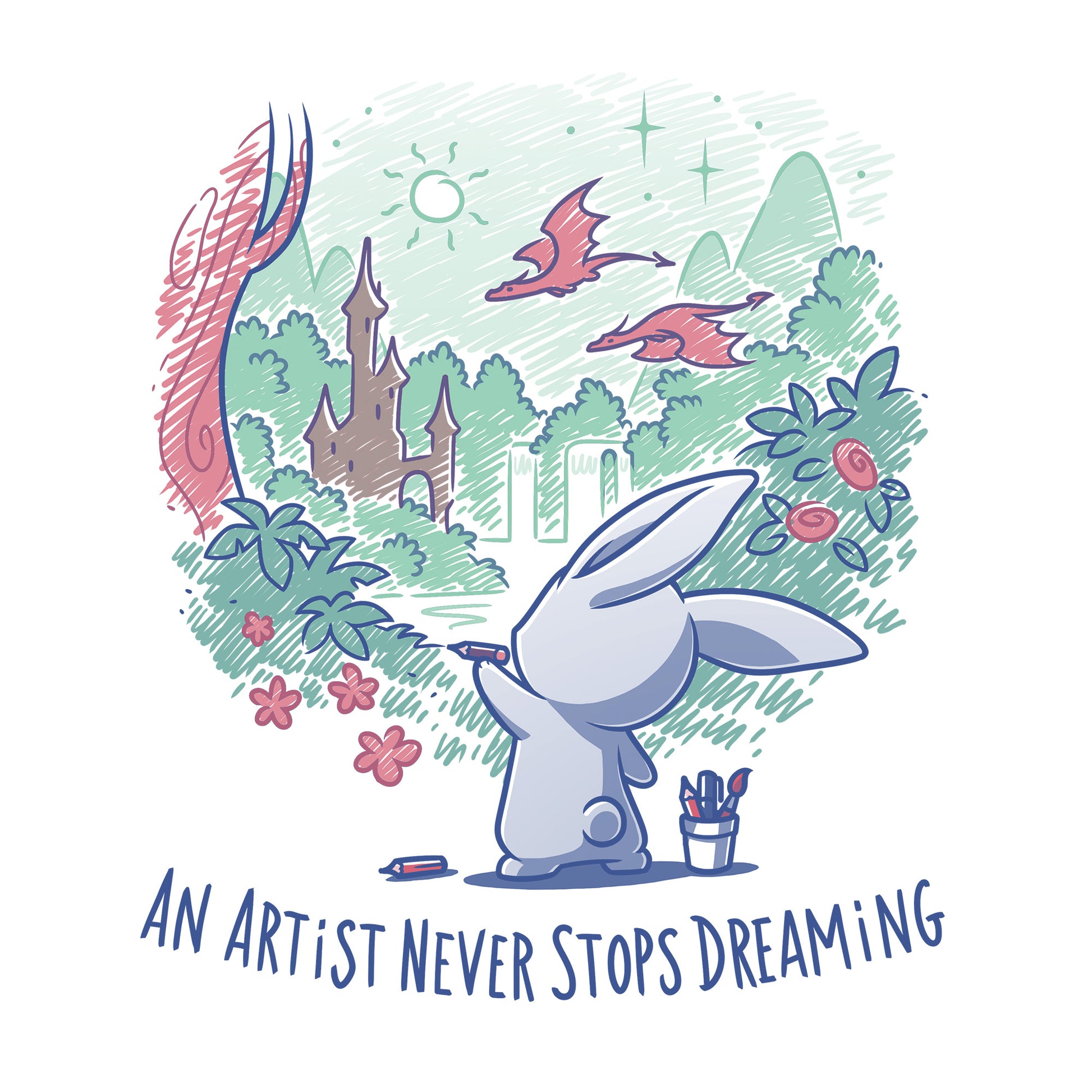 Classic Cotton T-shirt_TeeTurtle An Artist Never Stops Dreaming white t-shirt featuring a bunny painting a whimsical landscape with a castle, trees, and flying creature.