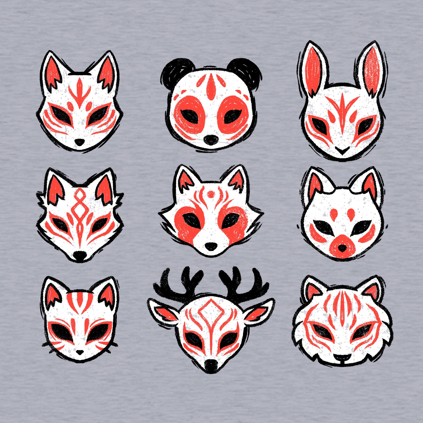 Classic Cotton T-shirt_TeeTurtle Animal Masks heather gray t-shirt featuring nine stylized animal masks, including foxes, a panda, a rabbit, a deer, and a tiger, each featuring red and black markings. 