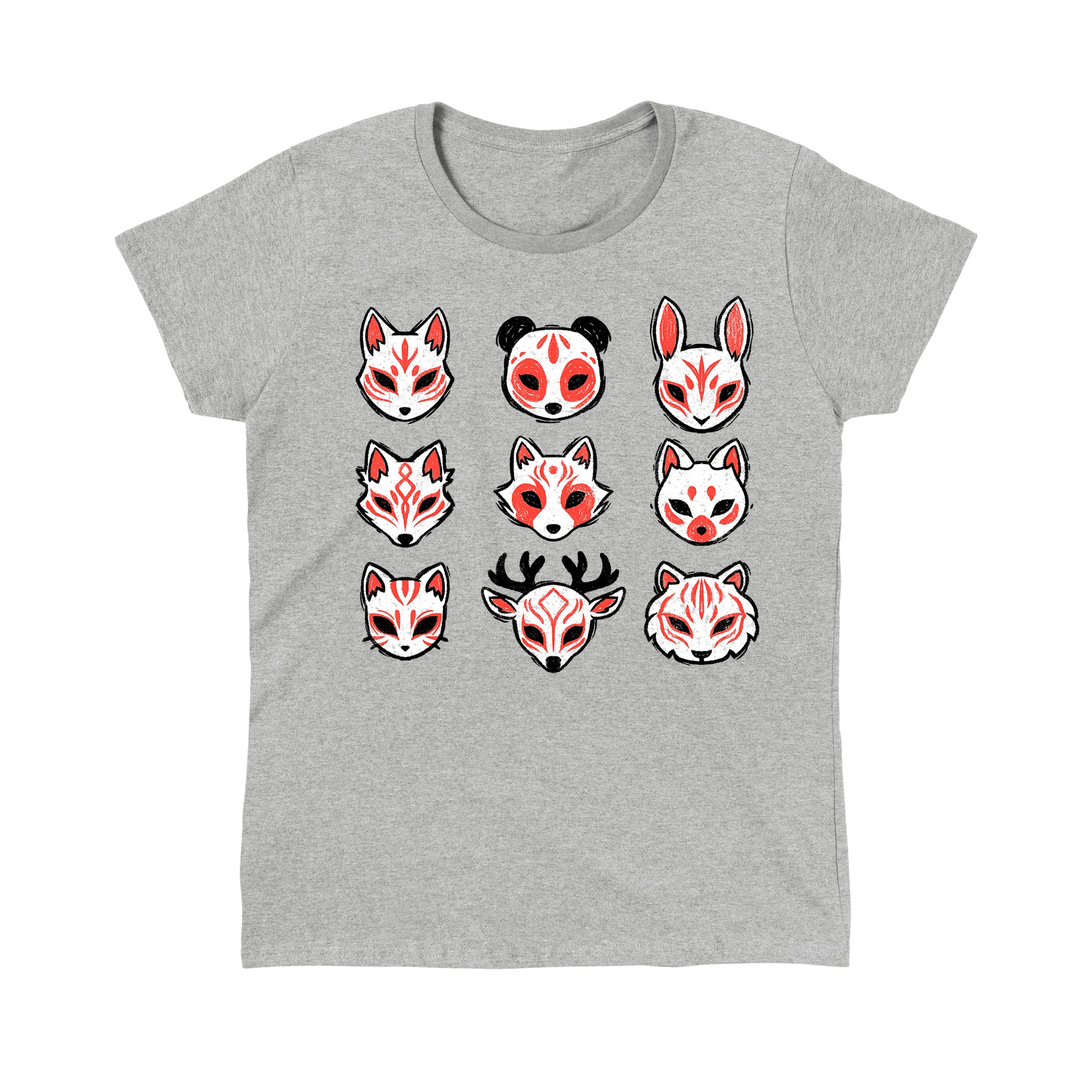 Classic Cotton T-shirt_TeeTurtle Animal Masks heather gray t-shirt featuring nine stylized animal masks, including foxes, a panda, a rabbit, a deer, and a tiger, each featuring red and black markings. 