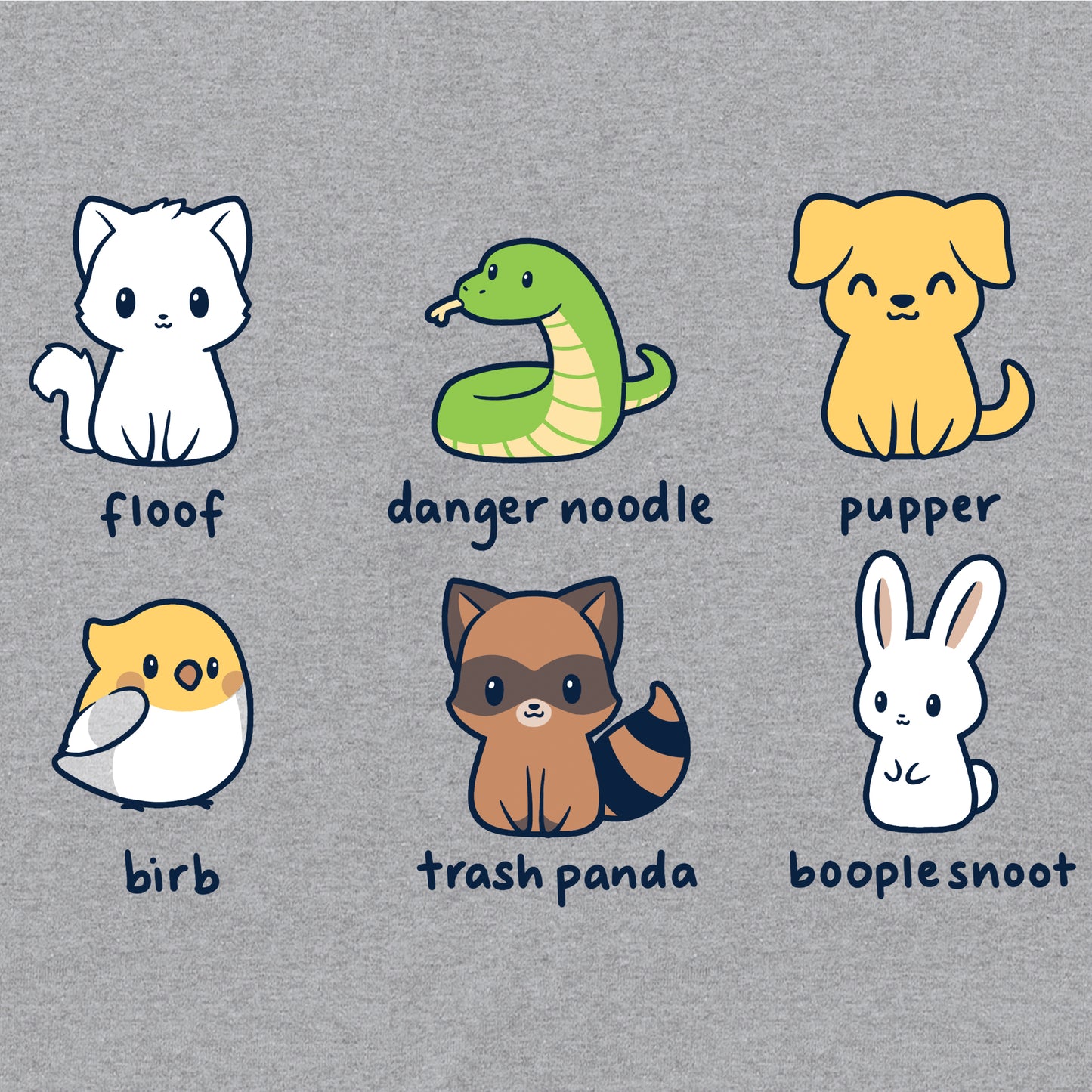 Long Sleeve T-shirt_Illustration of six quirky animals labeled with playful names: floof (cat), danger noodle (snake), pupper (dog), birb (bird), trash panda (raccoon), and booplesnoot (rabbit) on a super soft ringspun cotton Animal Names apparel by monsterdigital.