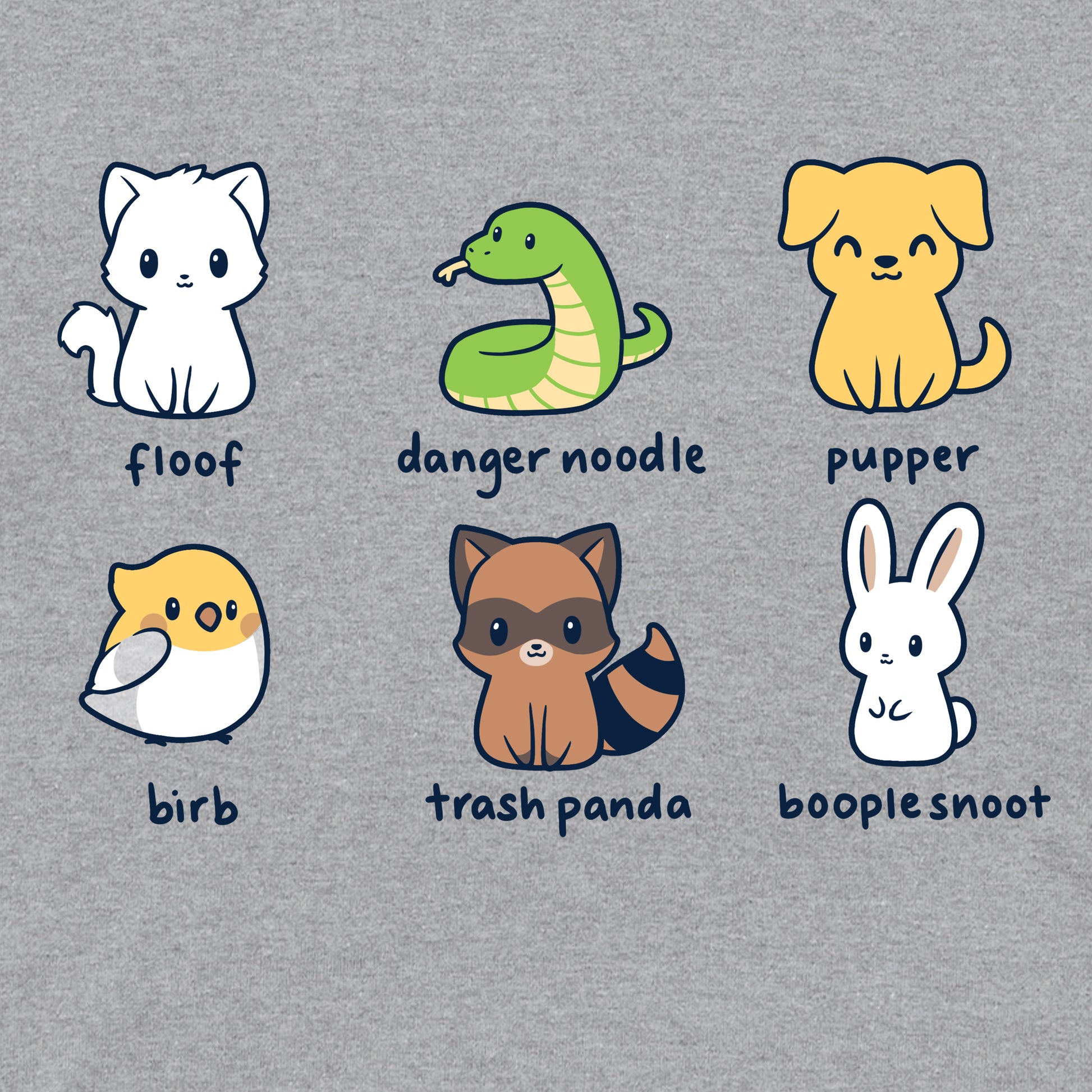 Classic Cotton T-shirt_Illustration of six quirky animals labeled with playful names: floof (cat), danger noodle (snake), pupper (dog), birb (bird), trash panda (raccoon), and booplesnoot (rabbit) on a super soft ringspun cotton Animal Names apparel by monsterdigital.