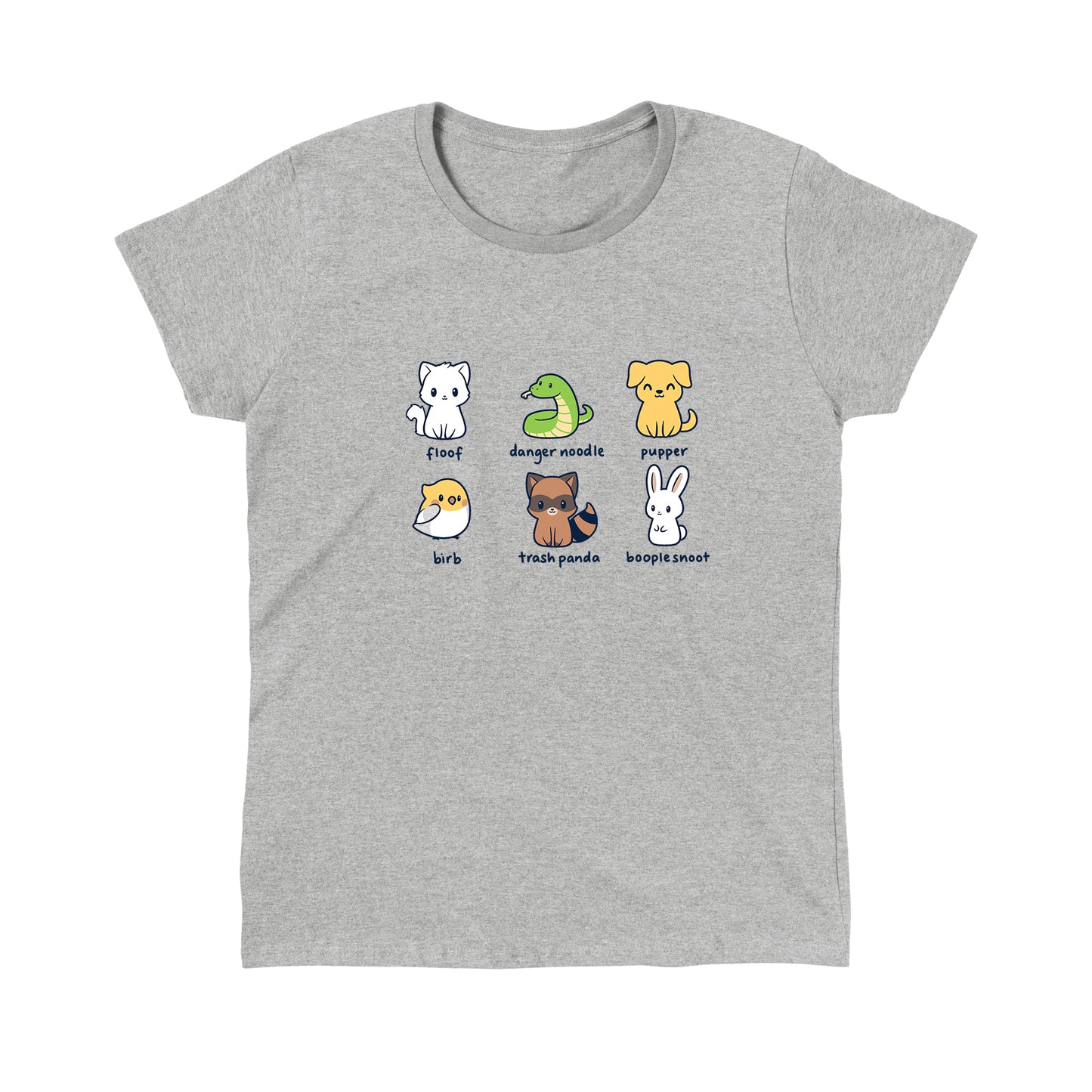 Classic Cotton T-shirt_Illustration of six quirky animals labeled with playful names: floof (cat), danger noodle (snake), pupper (dog), birb (bird), trash panda (raccoon), and booplesnoot (rabbit) on a super soft ringspun cotton Animal Names apparel by monsterdigital.