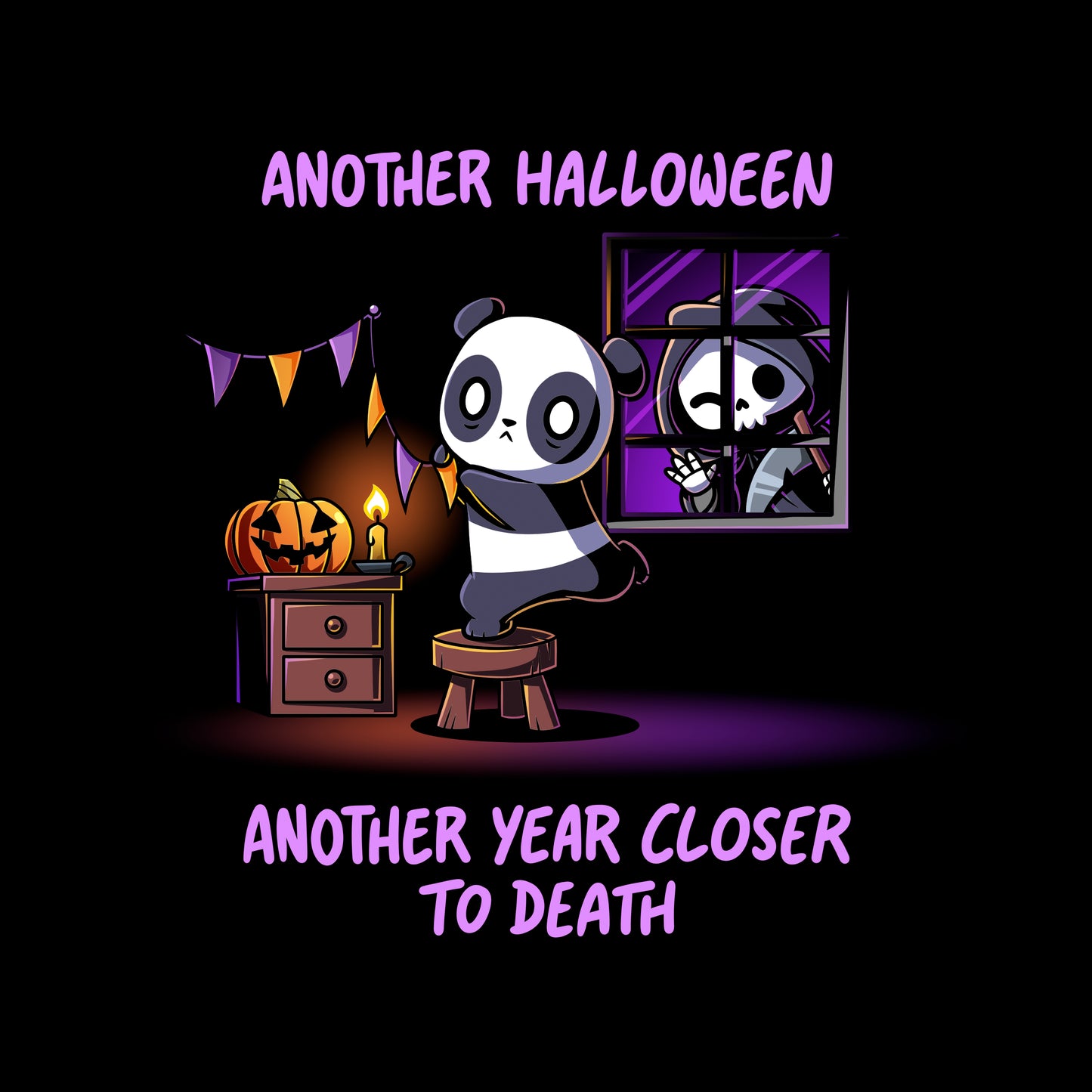 Classic Cotton T-shirt_TeeTurtle black Another Halloween, Another Year Closer to Death featuring a panda hanging up birthday decorations with the Grim Reaper peeking through the window.