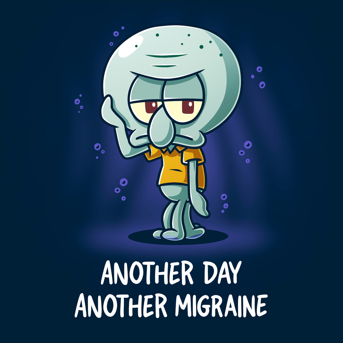 Pullover Hoodie_TeeTurtle navy blue Another Day Another Migraine apparel featuring Squidward with a grumpy expression holding a tentacle to his forehead.