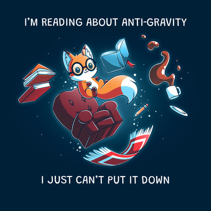 Classic Cotton T-shirt_TeeTurtle navy blue Anti-Gravity Enthusiast apparel featuring a fox wearing glasses reading a book with floating in mid-air with its living room furniture, such as a chair, rug, and lamp, with the caption, “I’m Reading About Anti-Gravity, I Just Can’t Put It Down“.