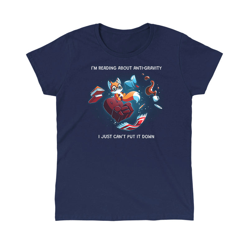 Classic Cotton T-shirt_TeeTurtle navy blue Anti-Gravity Enthusiast apparel featuring a fox wearing glasses reading a book with floating in mid-air with its living room furniture, such as a chair, rug, and lamp, with the caption, “I’m Reading About Anti-Gravity, I Just Can’t Put It Down“.
