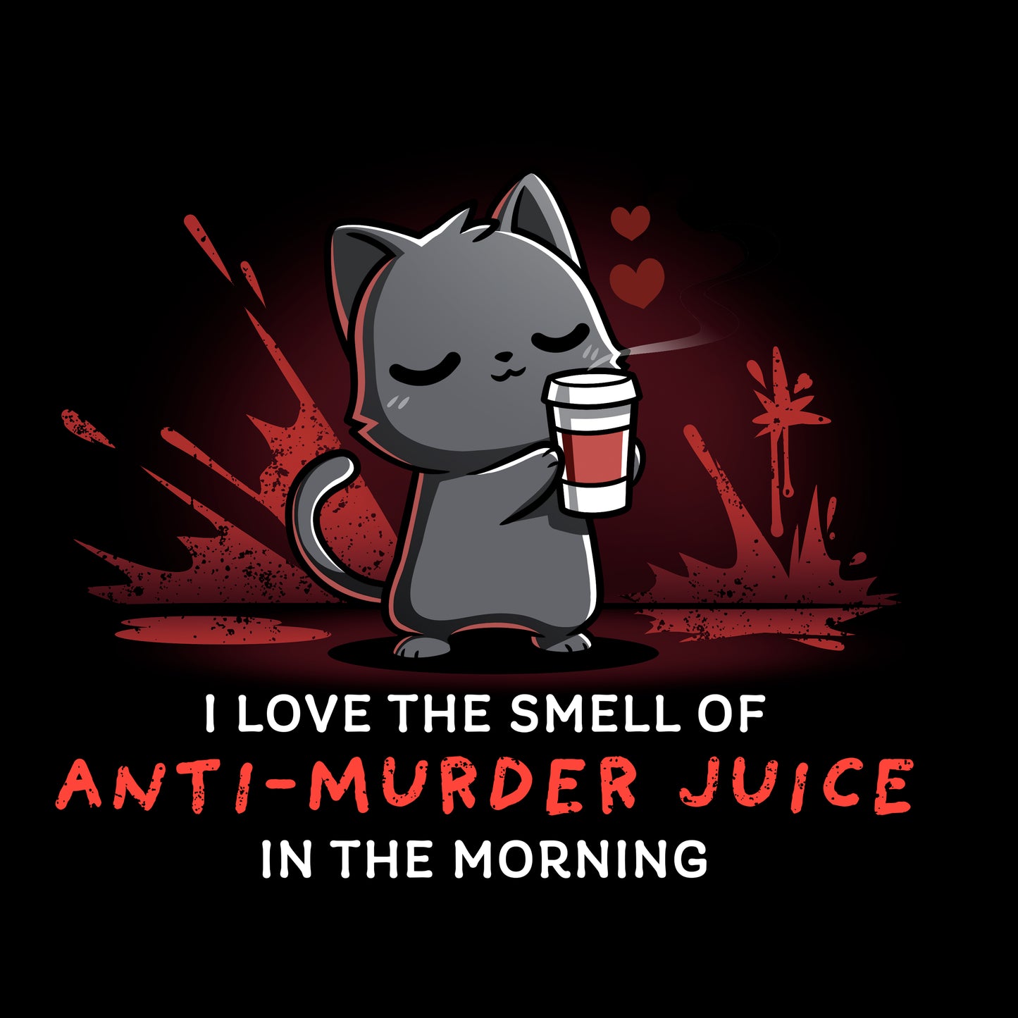 Crew Neck Sweatshirt_TeeTurtle Anti-Murder Juice black design featuring a cat holding a coffee lovingly with red splatters behind.