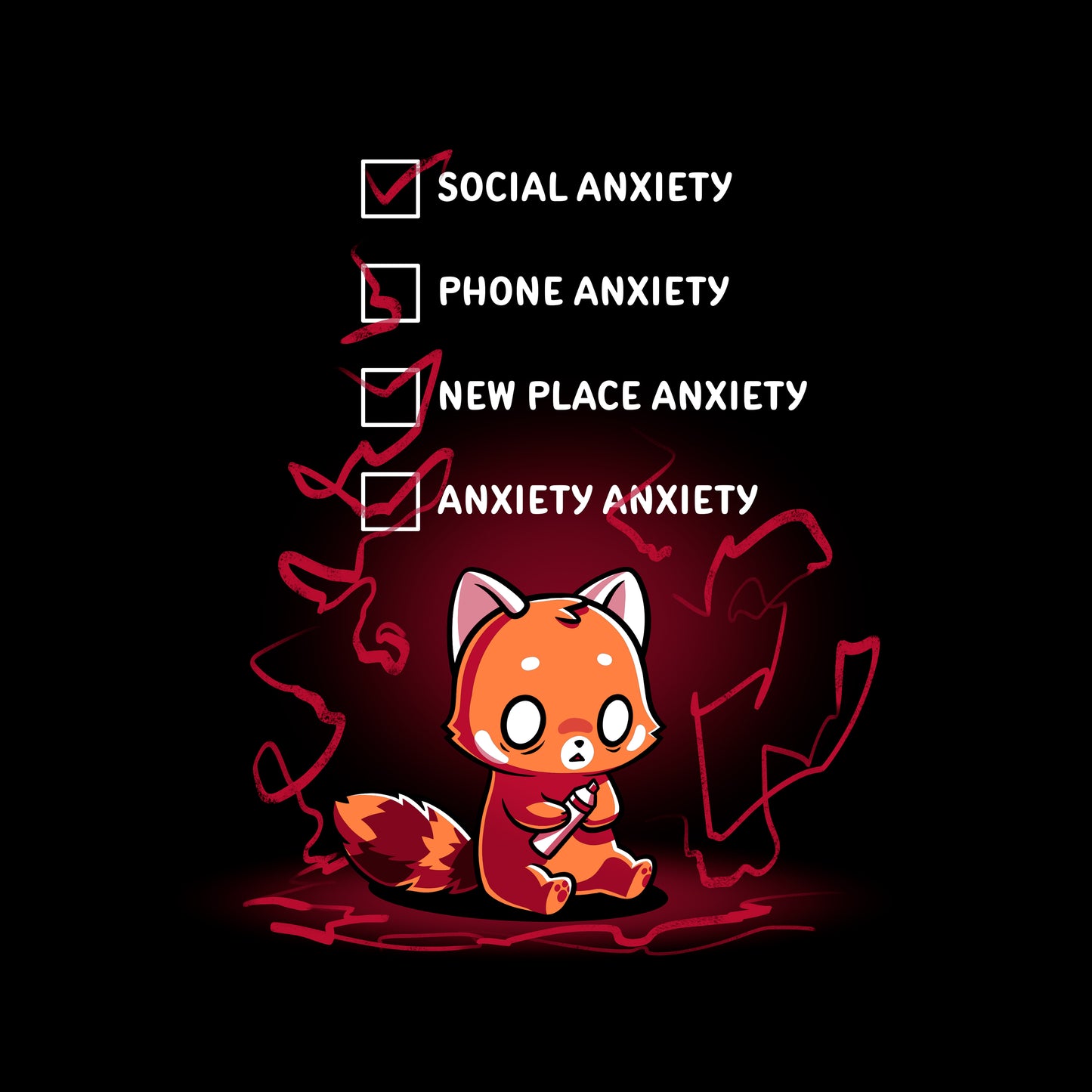 Classic Cotton T-shirt_TeeTurtle Anxiety Checklist black t-shirt featuring a red panda sits anxiously with checkboxes.