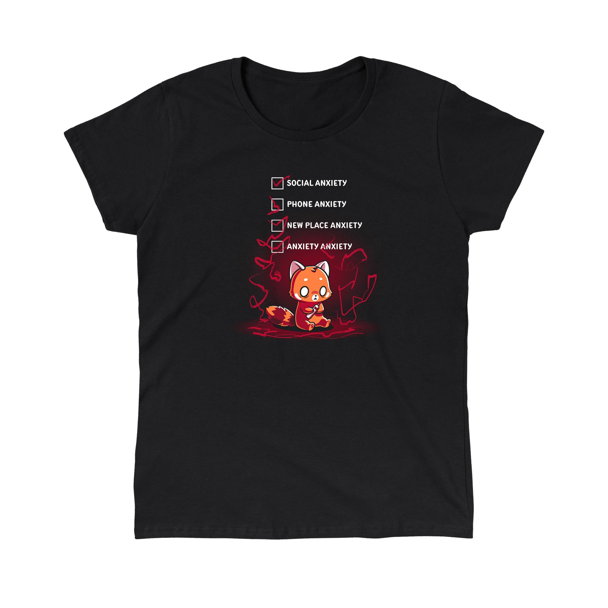 Classic Cotton T-shirt_TeeTurtle Anxiety Checklist black t-shirt featuring a red panda sits anxiously with checkboxes.