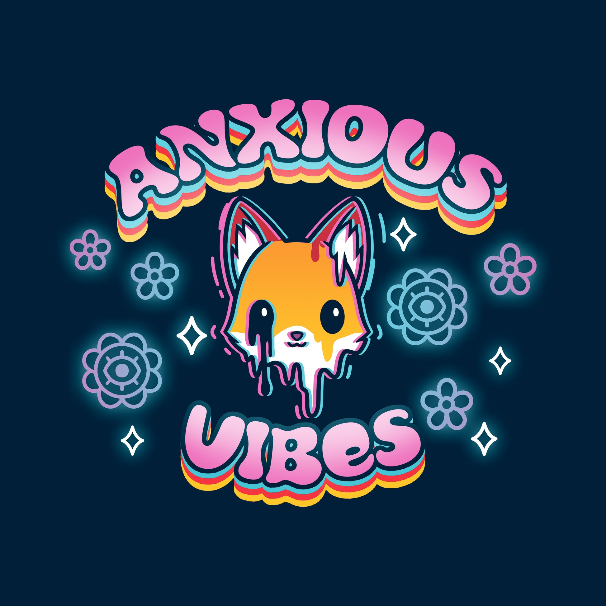 Classic Cotton T-shirt_TeeTurtle Anxious Vibes navy blue t-shirt featuring a fox with text "Anxious Vibes" above and below.