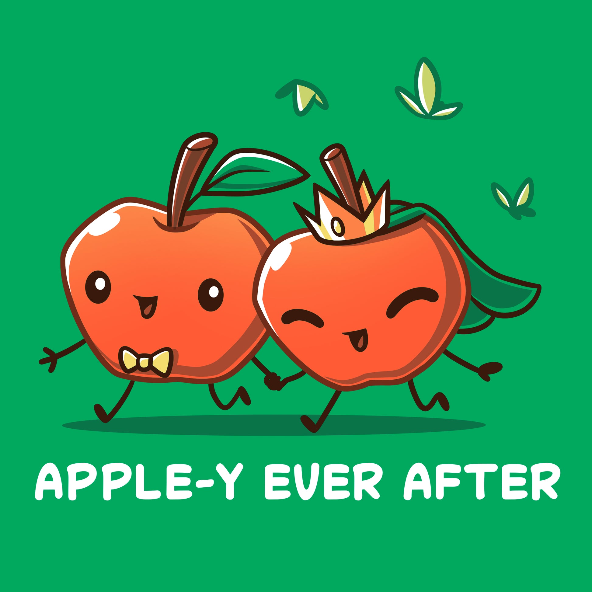 Classic Cotton T-shirt_TeeTurtle Apple-y Ever After Irish green t-shirt featuring two animated apples with happy faces holding hands, one wearing a bow tie and the other a crown and veil. The text "APPLE-Y EVER AFTER" is displayed below. 