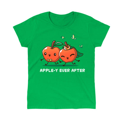 Classic Cotton T-shirt_TeeTurtle Apple-y Ever After Irish green t-shirt featuring two animated apples with happy faces holding hands, one wearing a bow tie and the other a crown and veil. The text "APPLE-Y EVER AFTER" is displayed below. 