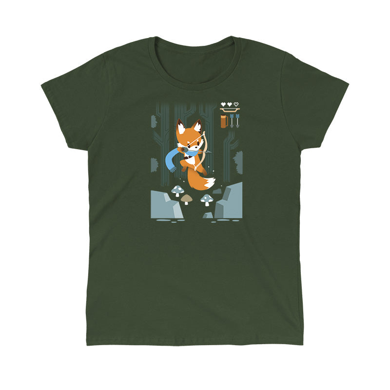 Classic Cotton T-shirt_TeeTurtle Archer Class forest green t-shirt featuring a fox with a bow and arrow.