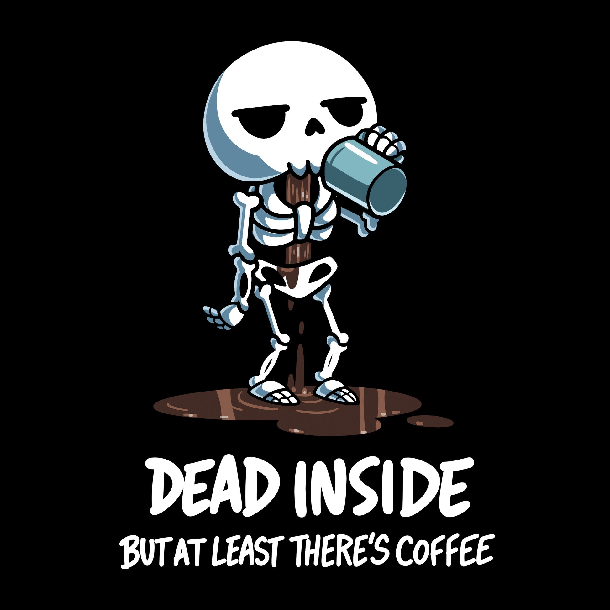 Long Sleeve T-shirt_TeeTurtle black At Least There's Coffee featuring a skeleton drinking coffee with the coffee leaking through it.