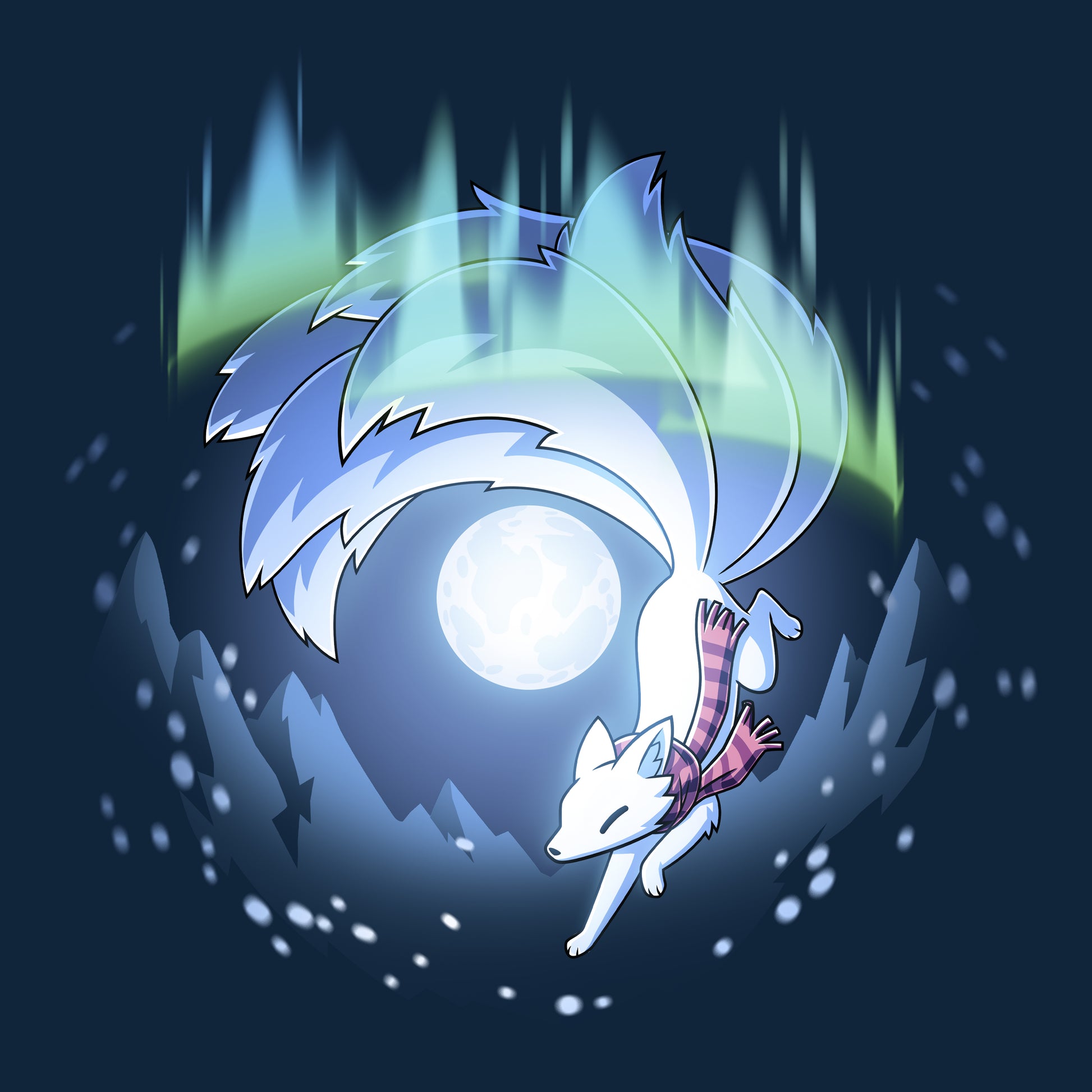 Classic Cotton T-shirt_TeeTurtle navy blue Aurora Kitsune apparel featuring a white kitsune running through the aurora borealis with snowy mountains and a full moon in the background.