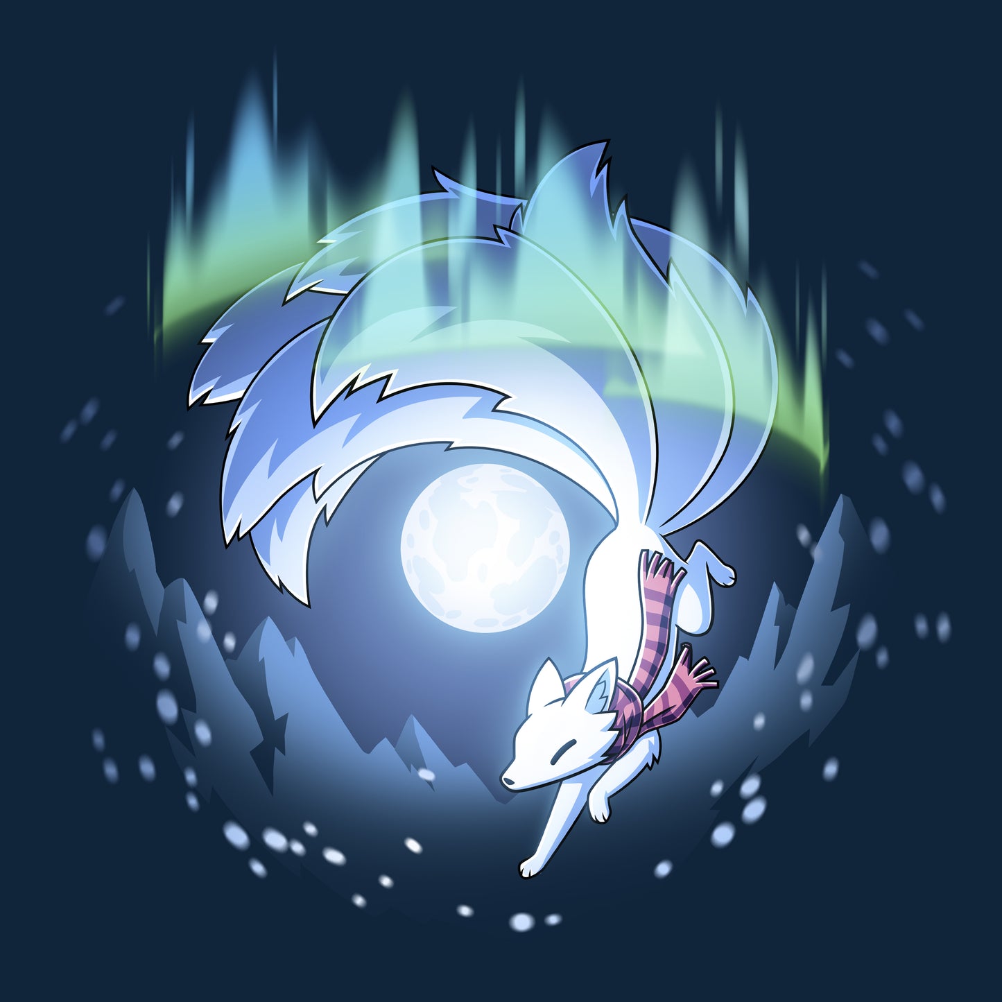 Long Sleeve T-shirt_TeeTurtle navy blue Aurora Kitsune apparel featuring a white kitsune running through the aurora borealis with snowy mountains and a full moon in the background.