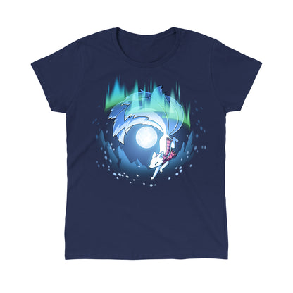 Classic Cotton T-shirt_TeeTurtle navy blue Aurora Kitsune apparel featuring a white kitsune running through the aurora borealis with snowy mountains and a full moon in the background.