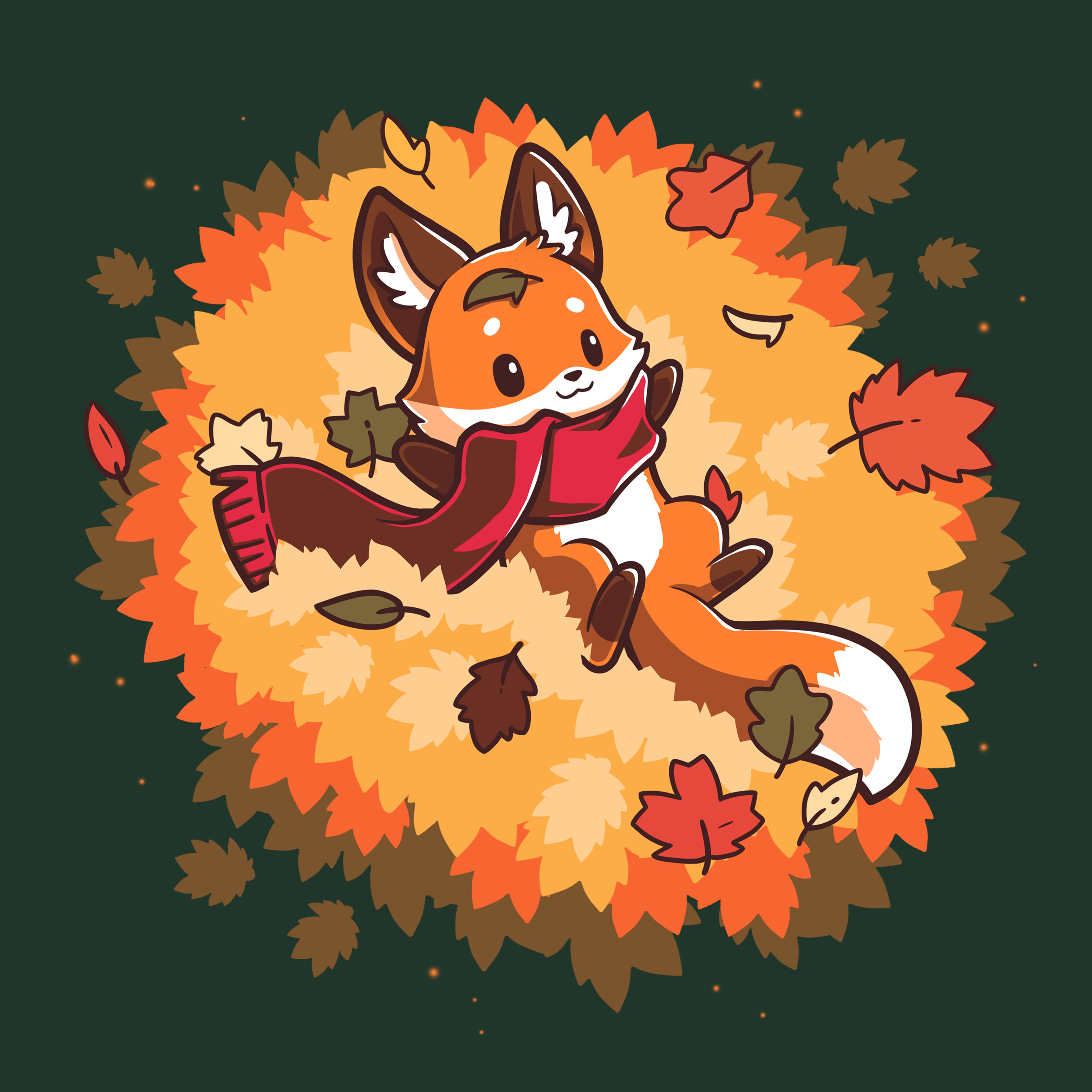 Classic Cotton T-shirt_A cartoon fox wearing a scarf lies on its back surrounded by colorful autumn leaves, showcased on a cozy forest green tee. This Autumn Fox apparel by monsterdigital captures the essence of the season in soft ringspun cotton.