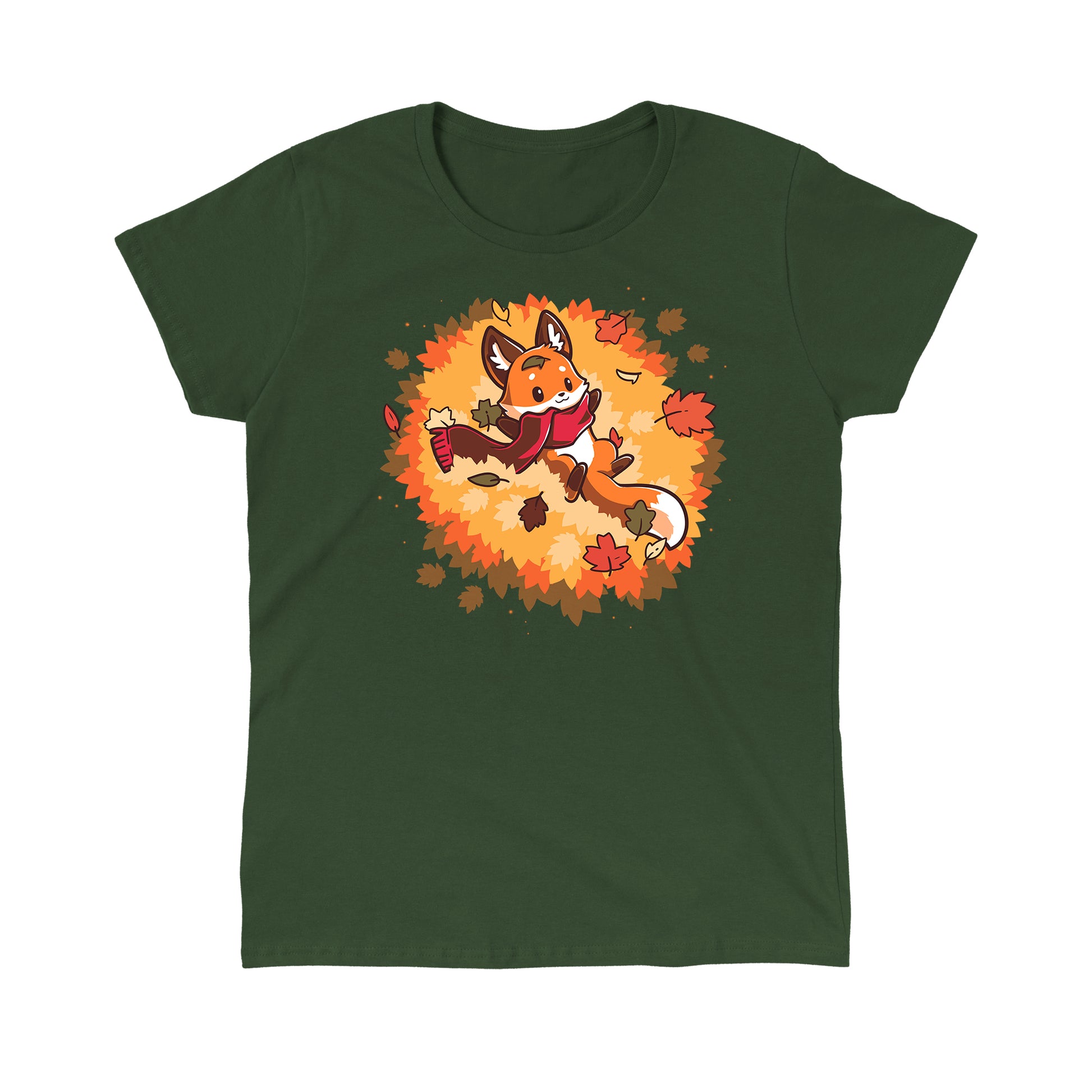 Classic Cotton T-shirt_A cartoon fox wearing a scarf lies on its back surrounded by colorful autumn leaves, showcased on a cozy forest green tee. This Autumn Fox apparel by monsterdigital captures the essence of the season in soft ringspun cotton.