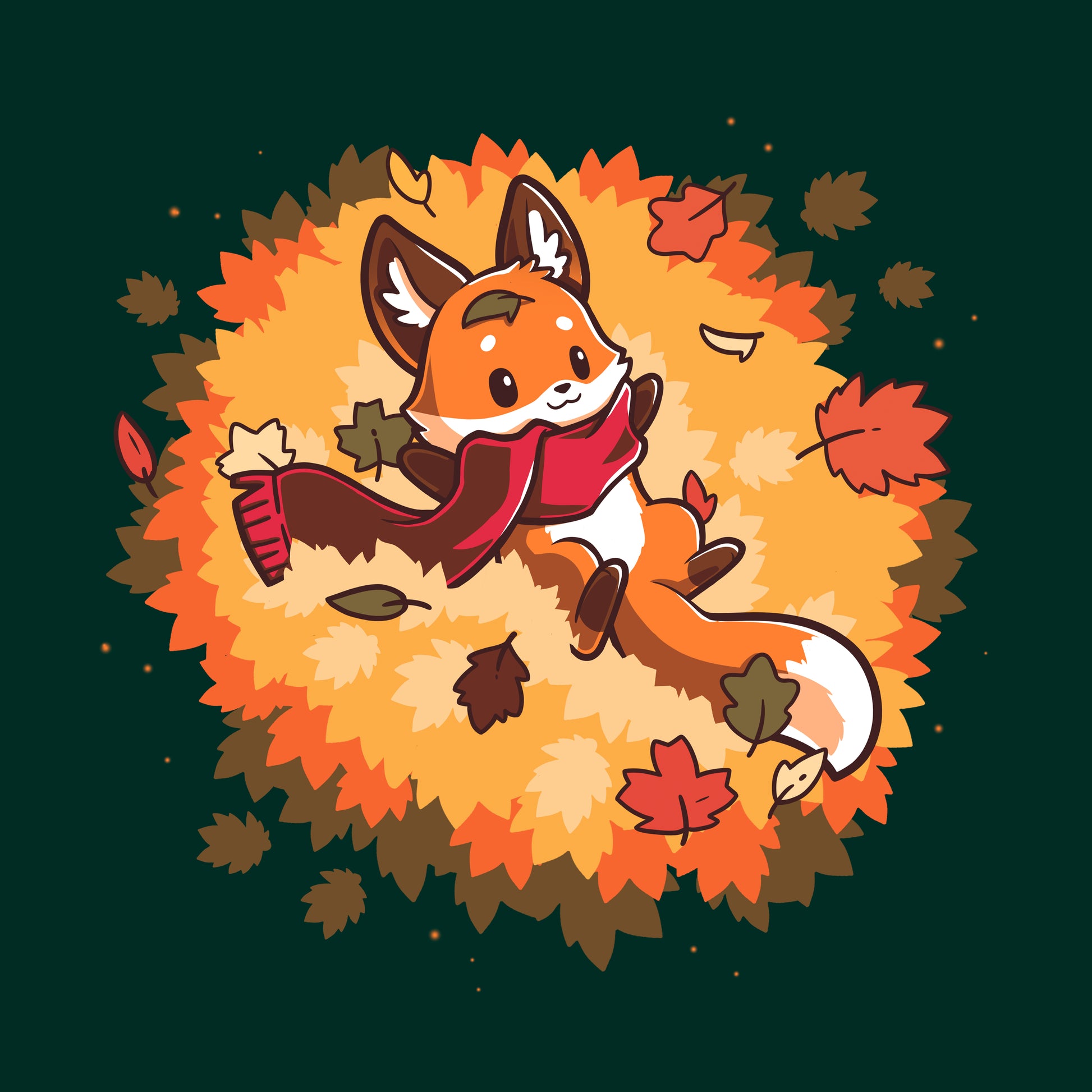 Classic Cotton T-shirt_A cartoon fox wearing a scarf lies on its back surrounded by colorful autumn leaves, showcased on a cozy forest green tee. This Autumn Fox apparel by monsterdigital captures the essence of the season in soft ringspun cotton.