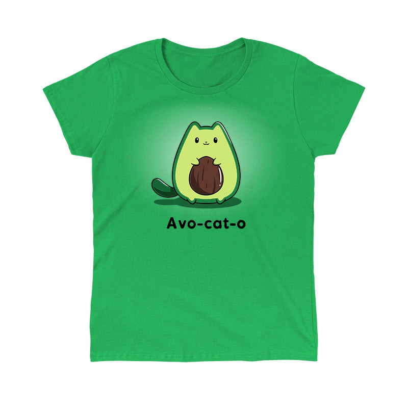 Classic Cotton T-shirt_TeeTurtle Avo-cat-o irish green t-shirt featuring an avocado-shaped green cat holding a brown avocado pit, with the text "Avo-cat-o" written below in this fun animal design.