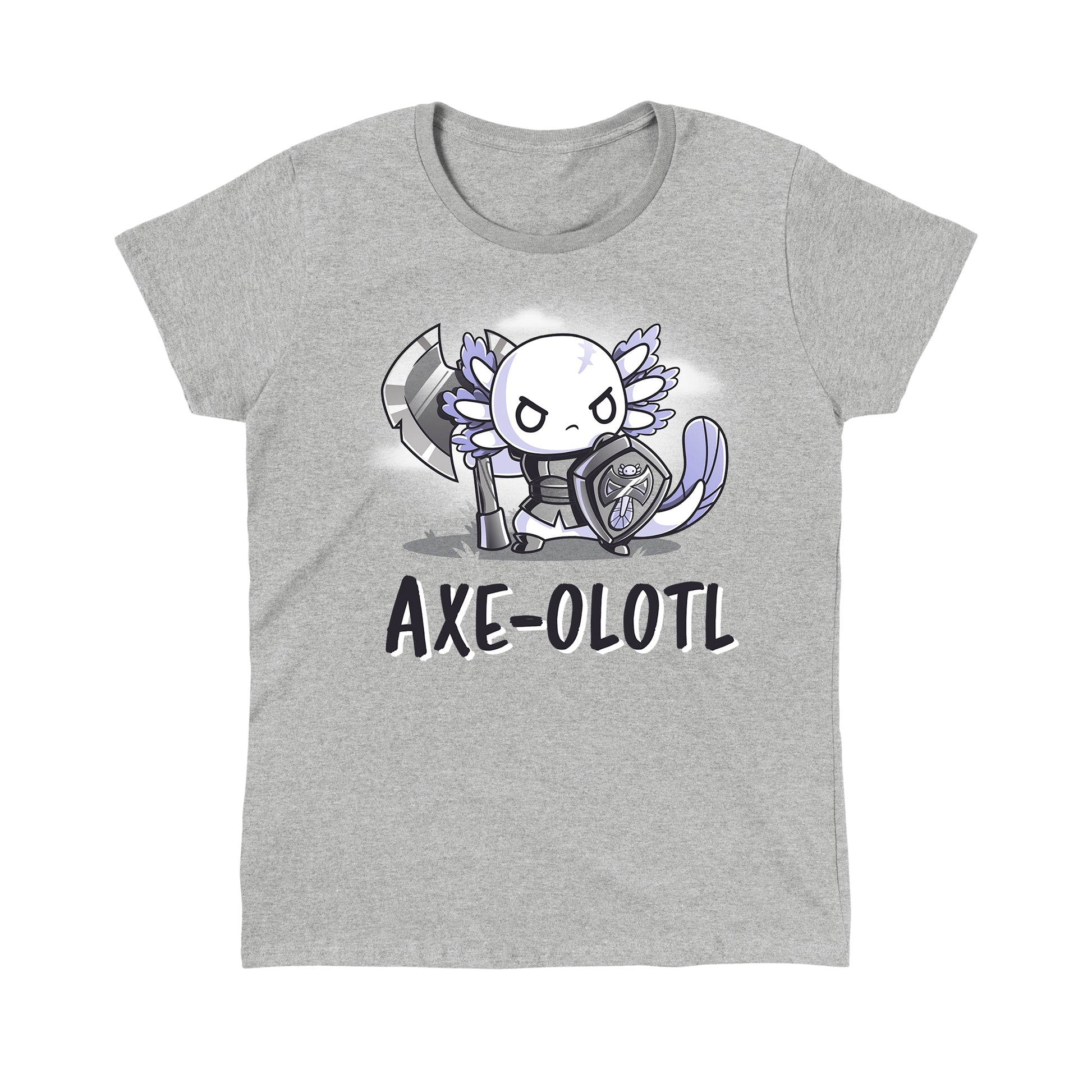 Classic Cotton T-shirt_TeeTurtle heather gray Axe-olotl Warrior featuring a fantasy warrior axolotl.