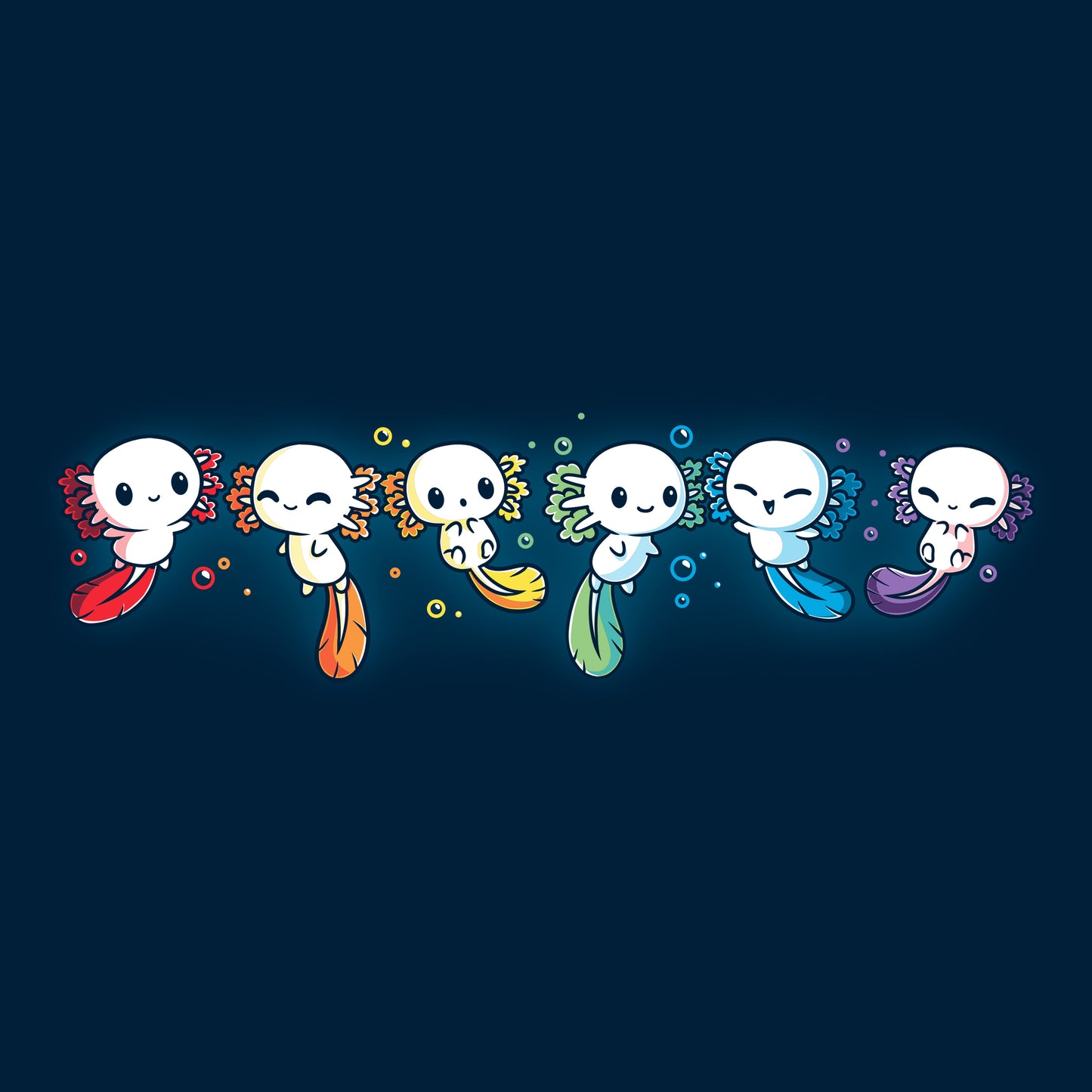 Long Sleeve T-shirt_TeeTurtle navy blue Axolotl Rainbow. Featuring a row of white axolotls with fins in a rainbow-colored sequence.