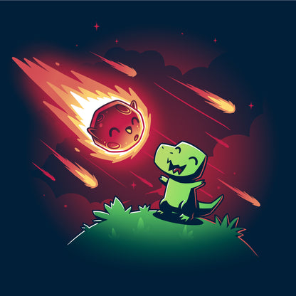 Classic Cotton T-shirt_TeeTurtle BFFs (Dino and Meteor) navy blue t-shirt featuring a dinosaur looking up at a smiling, fiery meteor streaking across a starry night sky, surrounded by smaller meteors.