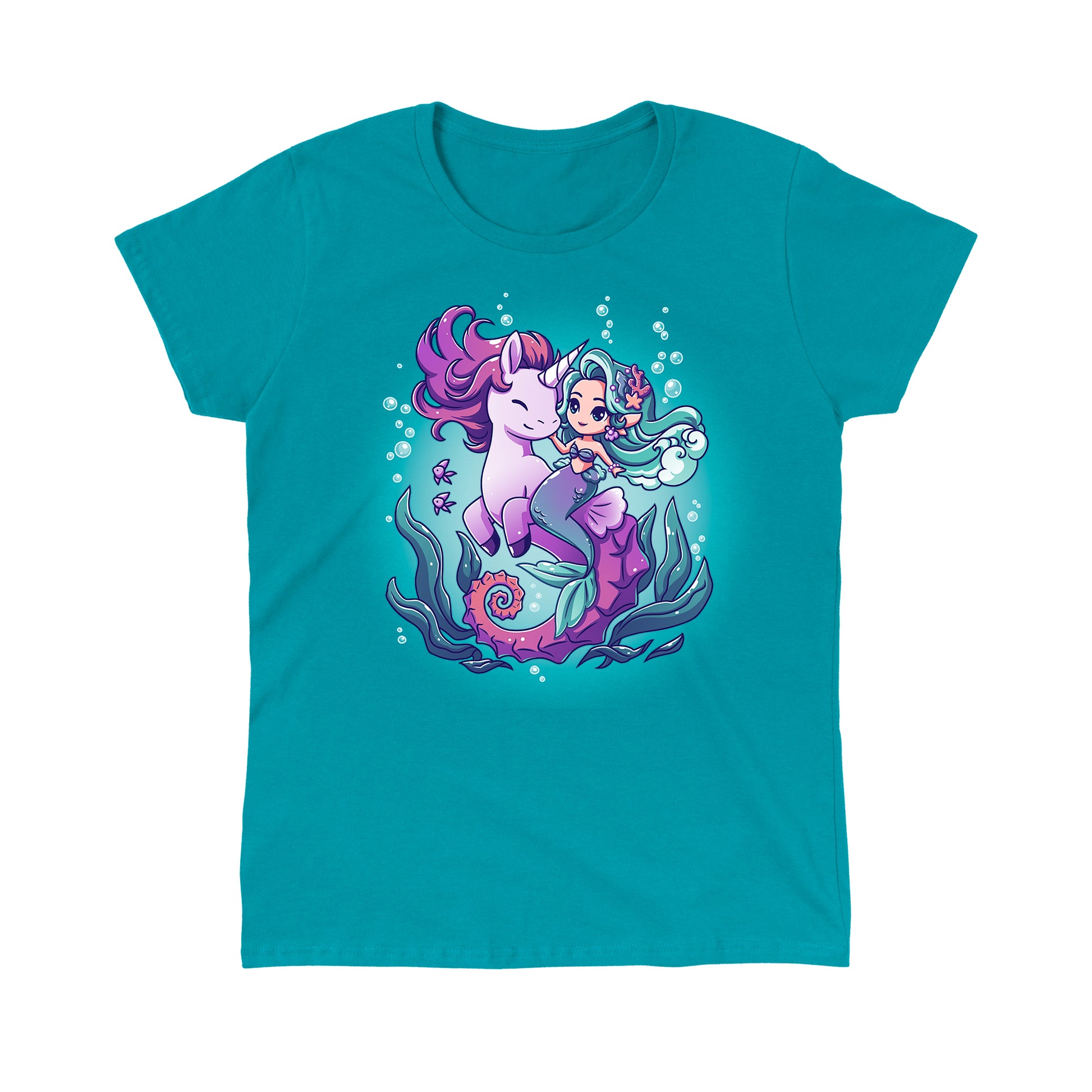 Classic Cotton T-shirt_Teeturtle BFFs (Sea Unicorn and Mermaid) tropical blue t-shirt featuring an illustrated image of a cheerful mermaid with teal hair riding a smiling purple unicorn underwater, surrounded by bubbles, fish, and sea plants.