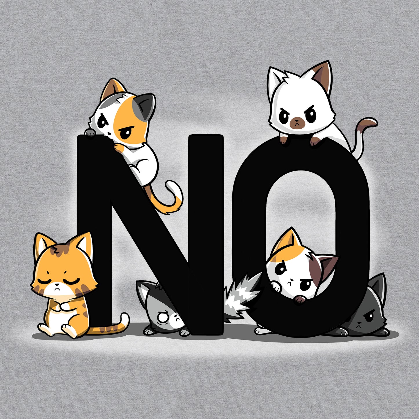 Classic Cotton T-shirt_TeeTurtle Bad Cattitude heather gray t-shirt featuring a group of six cats with grumpy faces. Large black letters spell out "NO."