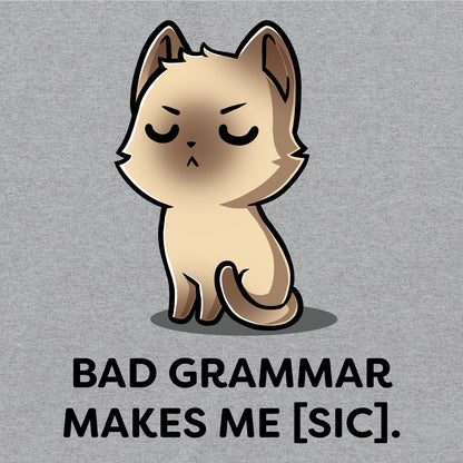 Crew Neck Sweatshirt_TeeTurtle Bad Grammar heather gray t-shirt featuring a disappointed siamese cat with a grammar pun below it.