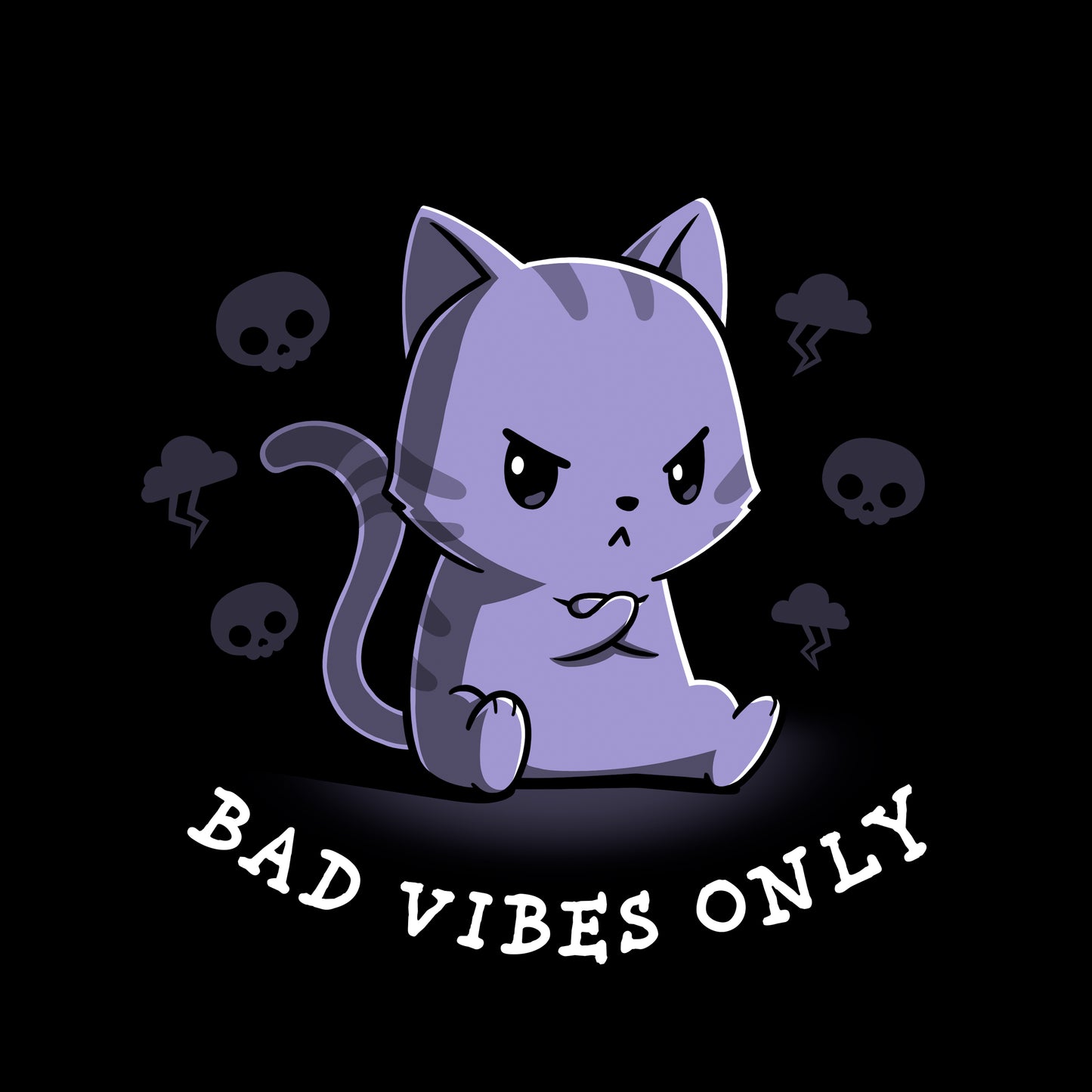 Long Sleeve T-shirt_TeeTurtle black Bad Vibes Only featuring an angry grumpy looking cat with its forepaws crossed and surrounded by skulls and lightning clouds with 'Bad Vibes Only' written underneath it.