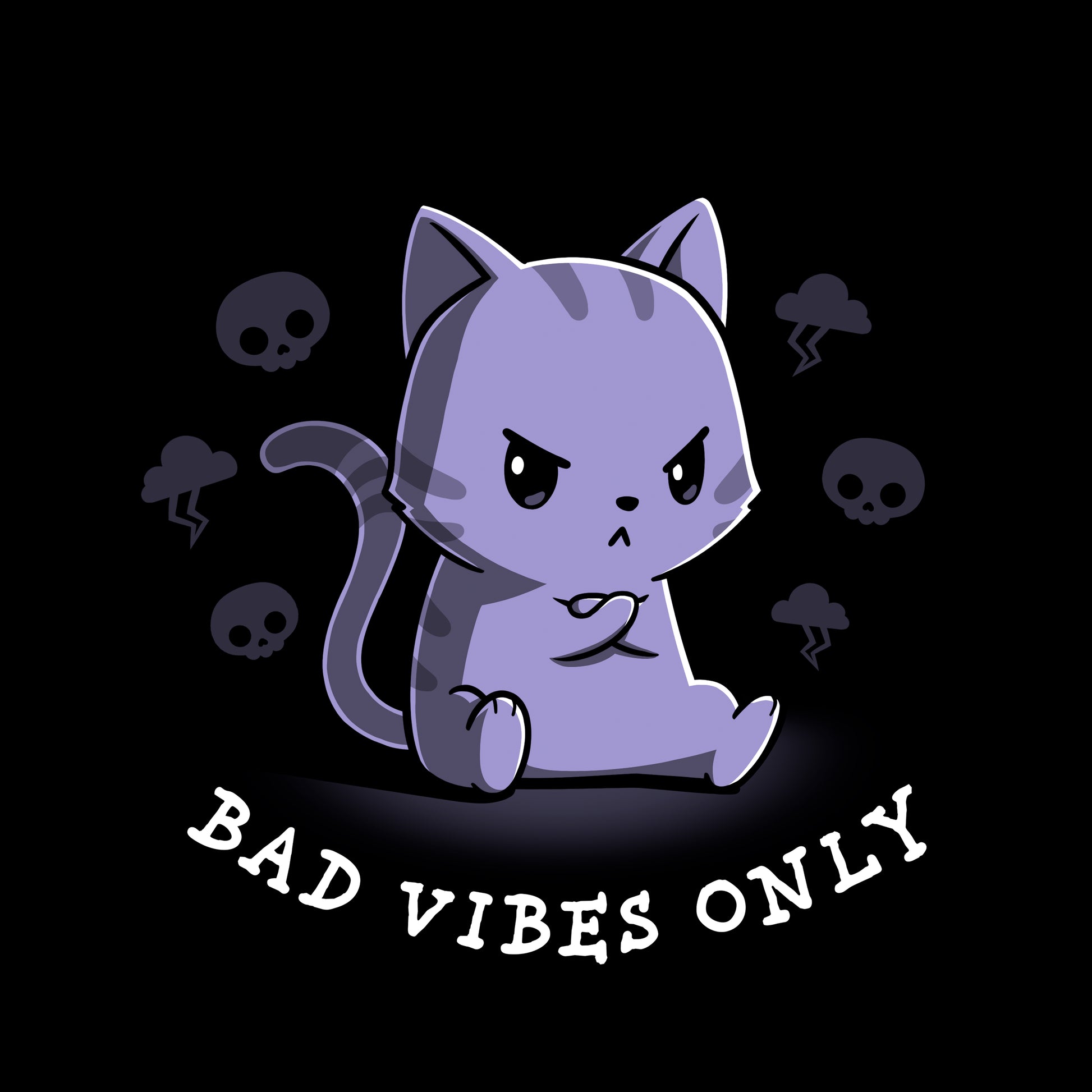 Crew Neck Sweatshirt_TeeTurtle black Bad Vibes Only featuring an angry grumpy looking cat with its forepaws crossed and surrounded by skulls and lightning clouds with 'Bad Vibes Only' written underneath it.