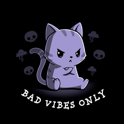 Crew Neck Sweatshirt_TeeTurtle black Bad Vibes Only featuring an angry grumpy looking cat with its forepaws crossed and surrounded by skulls and lightning clouds with 'Bad Vibes Only' written underneath it.
