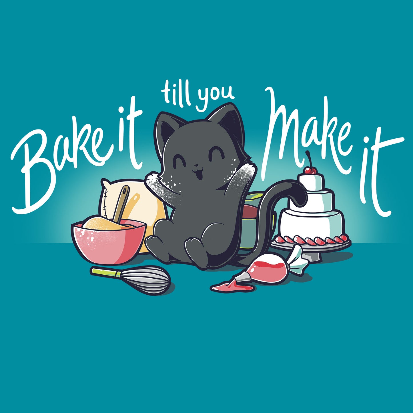 Classic Cotton T-shirt_TeeTurtle Bake It Till You Make It tropical blue t-shirt featuring a black cat with baking ingredients and tools, including bowls, a whisk, a piping bag, and a cake. The text reads "bake it till you make it."