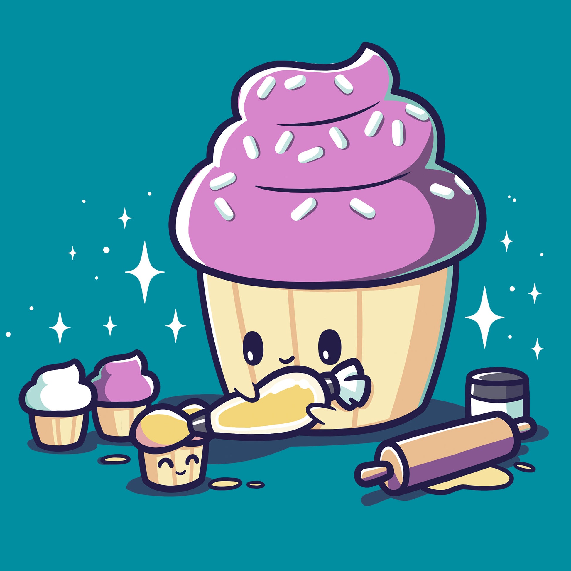 Classic Cotton T-shirt_TeeTurtle Strong as a Mother tropical blue t-shirt featuring a big cartoon-styled cupcake putting icing on smaller cupcakes.