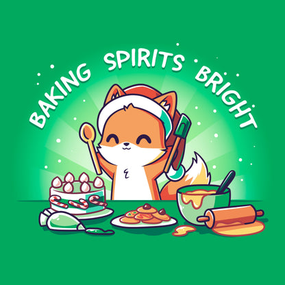 Classic Cotton T-shirt_TeeTurtle Baking Spirits Bright irish green t-shirt featuring a happy fox in a Santa hat surrounded by baked goods and a pun over top.