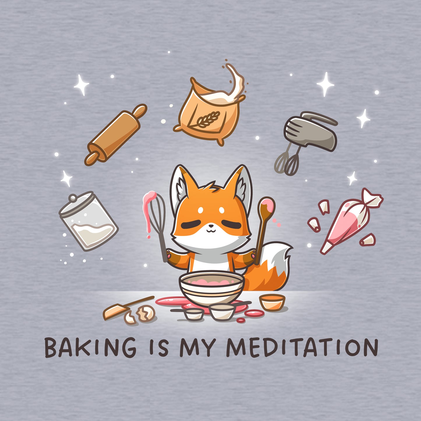 Long Sleeve T-shirt_TeeTurtle heather gray Baking Is My Meditation t-shirt featuring a peaceful fox in front of a bowl of batter holding baking tools with other baking tools floating around it in an arc.